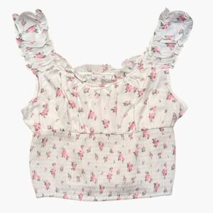 Love Tree Tank‎ Top L Large Ruffle Crop Shirt White Pink Floral NEW Boho Retro
